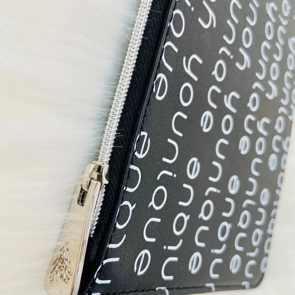 Younique Black White Logo Print Zipper Pouch Makeup Bag Cosmetic Clutch Slim